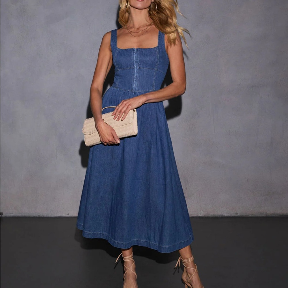 Blue Denim Fit & Flare Midi Dress